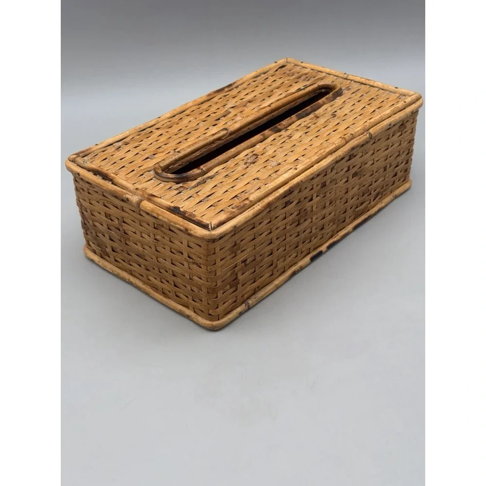 Vintage Boho Rattan Bamboo Wicker Tissue Box Cover Holder Natural Cottage Decor